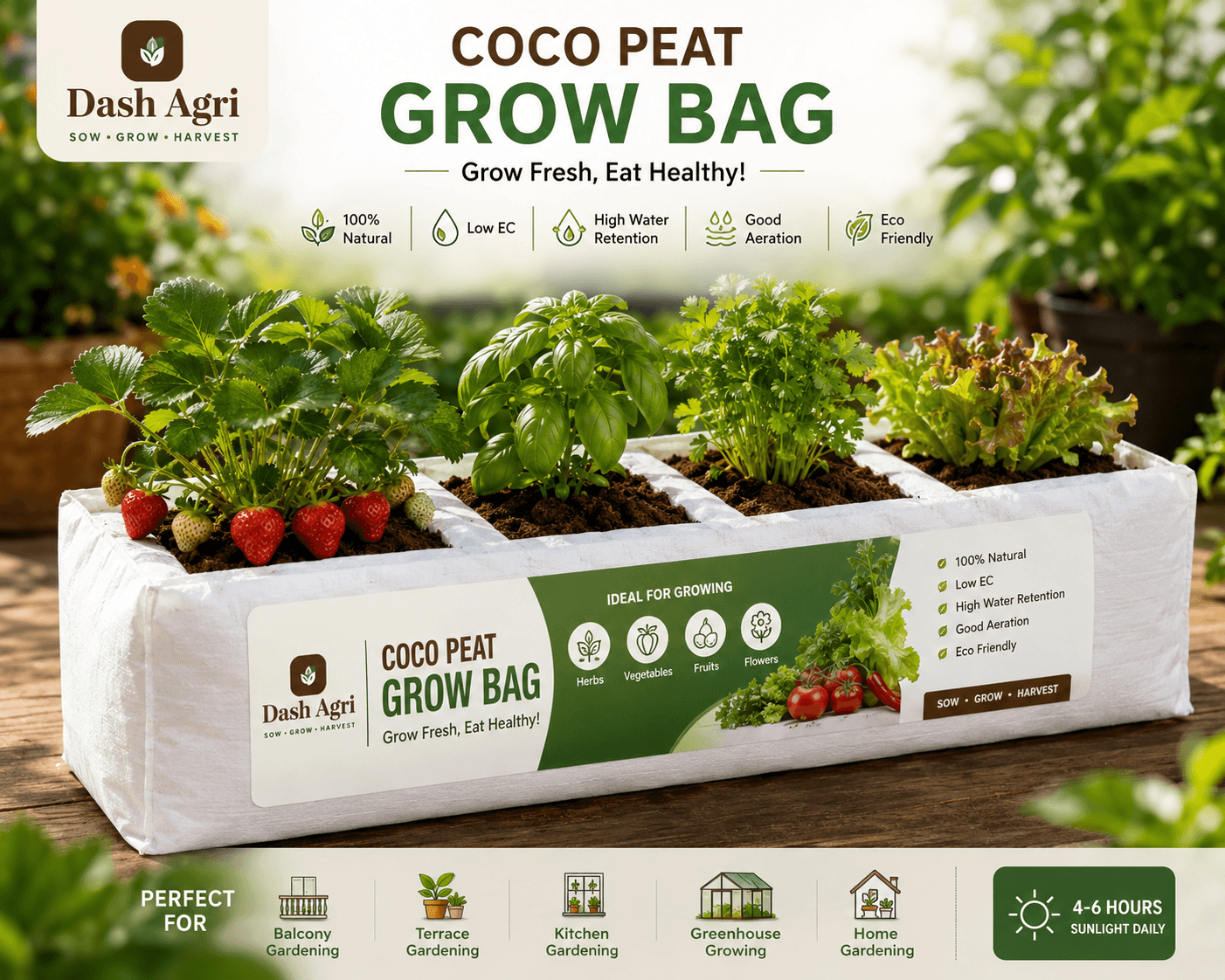 Dash Agri Coco peat grow bag brochure — dimensions, 70% washed coco chips and 30% low EC coco pith, growing guide highlights